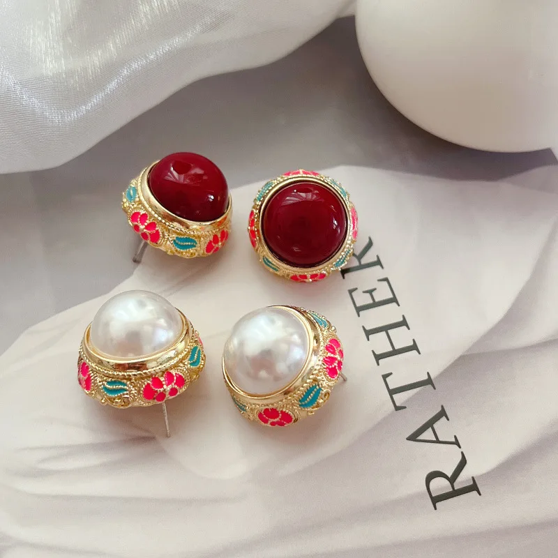 Vintage baroque drop glazed enamel pearl 925 sterling silver large pearl earrings jewelry wholesale