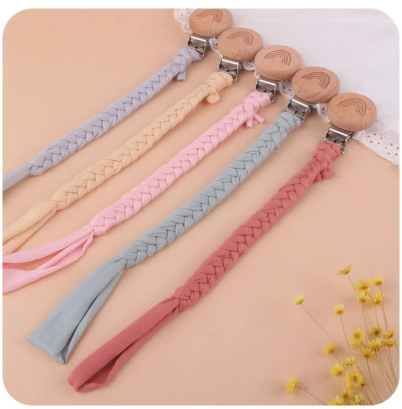 Wholesale High Quality Braided Pacifier Holder Knit Rainbow Beech Wood Clip Baby Teething  Wooden Pacifier Chain Clips