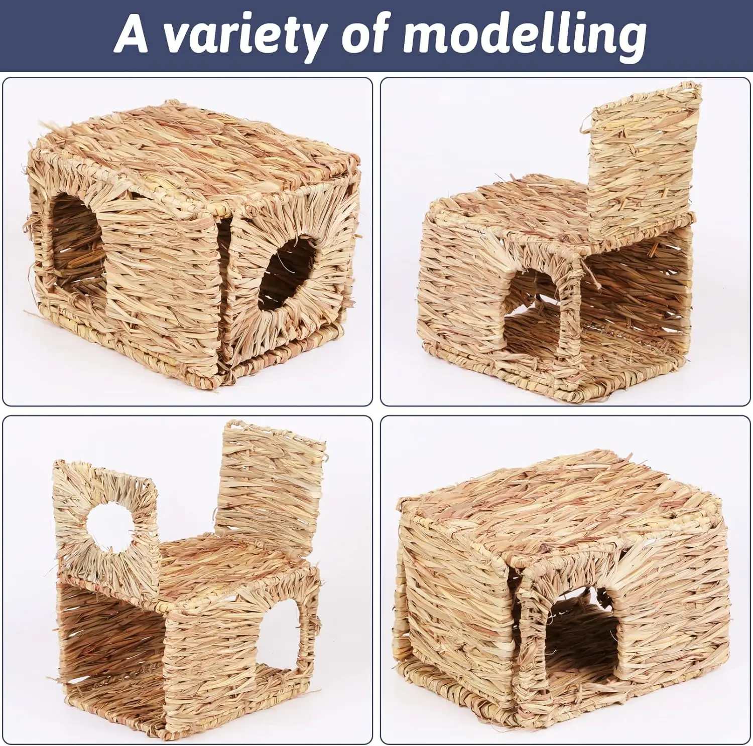 Natural Hand Woven Seagrass Play Hay Bed Foldable Woven Hideaway Hut Toy for Bunny Hamster Guinea Pig Chinchilla Small Animals