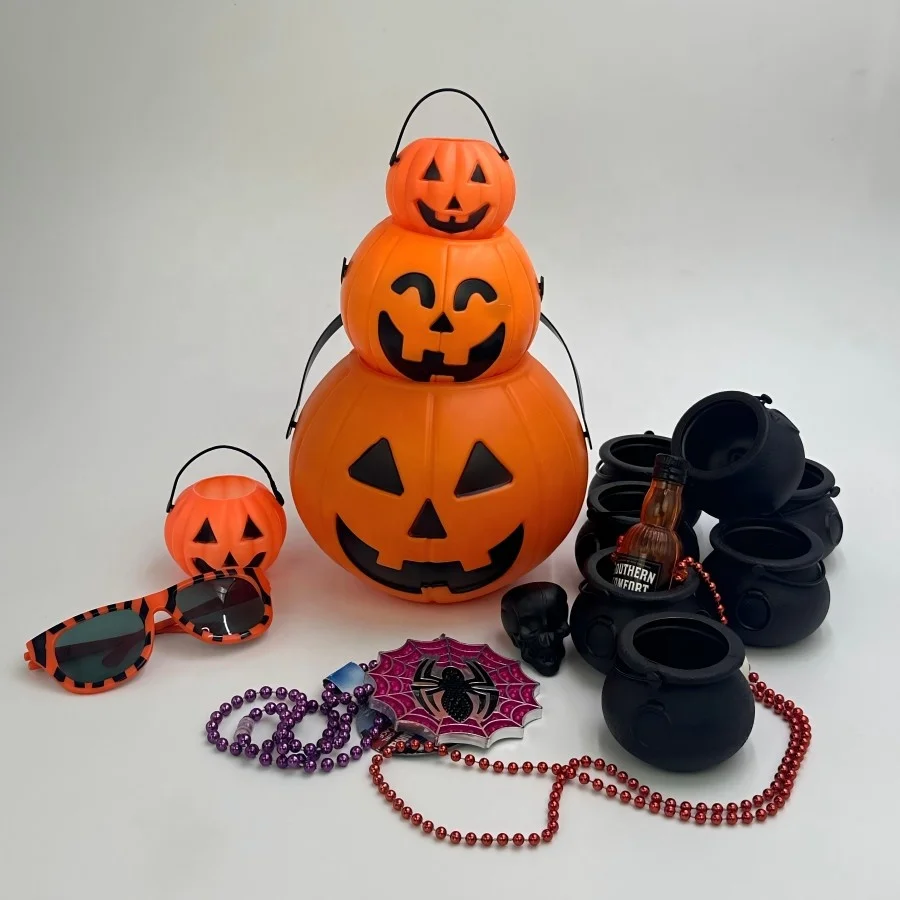 Hot-selling Orange Novelty Pumpkin Pail Smiley Face Plastic  Pail Candy Buckets with Handle for Halloween Party Decorations