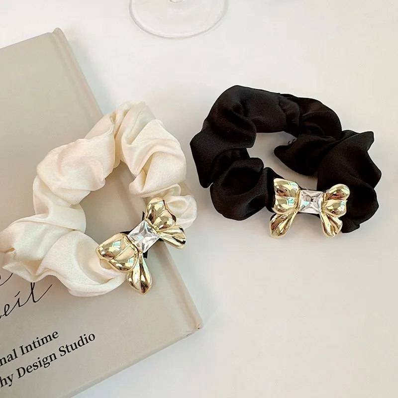 Golden Rhinestone Bows Satin Fabric Hair Scrunchies Elastic Hair Bands For Women Girls Ponytail Holder Hair Ties