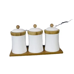 Wholesale Ceramic Condiment Jar Spice Salt Container With Bamboo Lid & Tray Porcelain