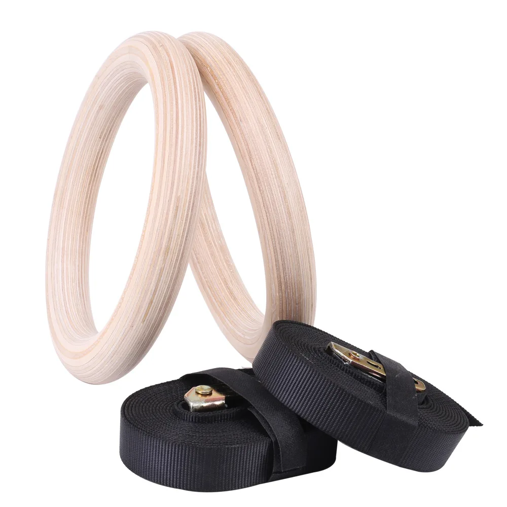 Professional artistic 28mm kids gymnast ring handle with adjustable straps wood gymnastics rings wooden