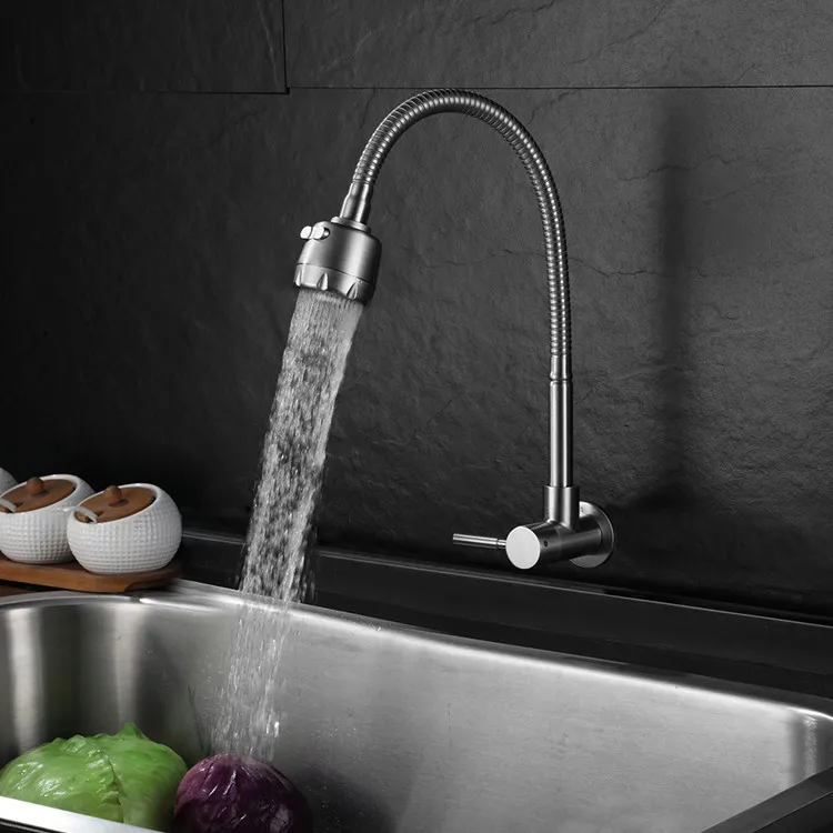 
Hot Sale Wall Mounted 360 Rotating 304 Stainless Steel Pull Out Down Taps Mixer For Sink Cold Water Flexible Kitchen Faucet 