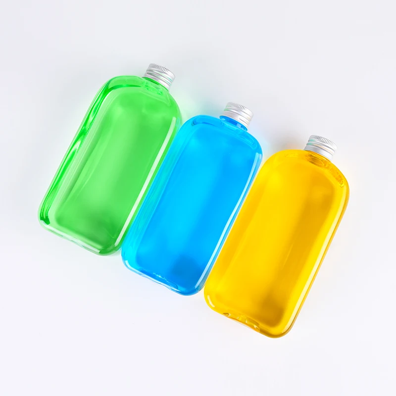 250ml 300ml 350ml 400ml Disposable Pet Plastic Milk Tea Juice Flat Beverage Drink Bottle with Lid