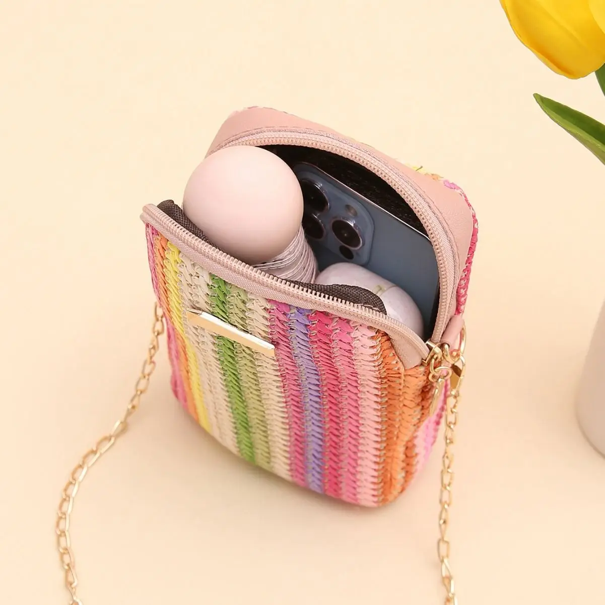 All Girls Crossbody Rainbow Color Straw Bag 2024Girl Handbags Woven Mobile Phone Bag