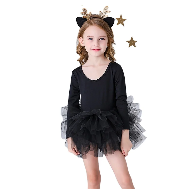 Girls ballet dress black long sleeved dresses party dancing multi-layer mesh customizable for daily holiday performance dresses