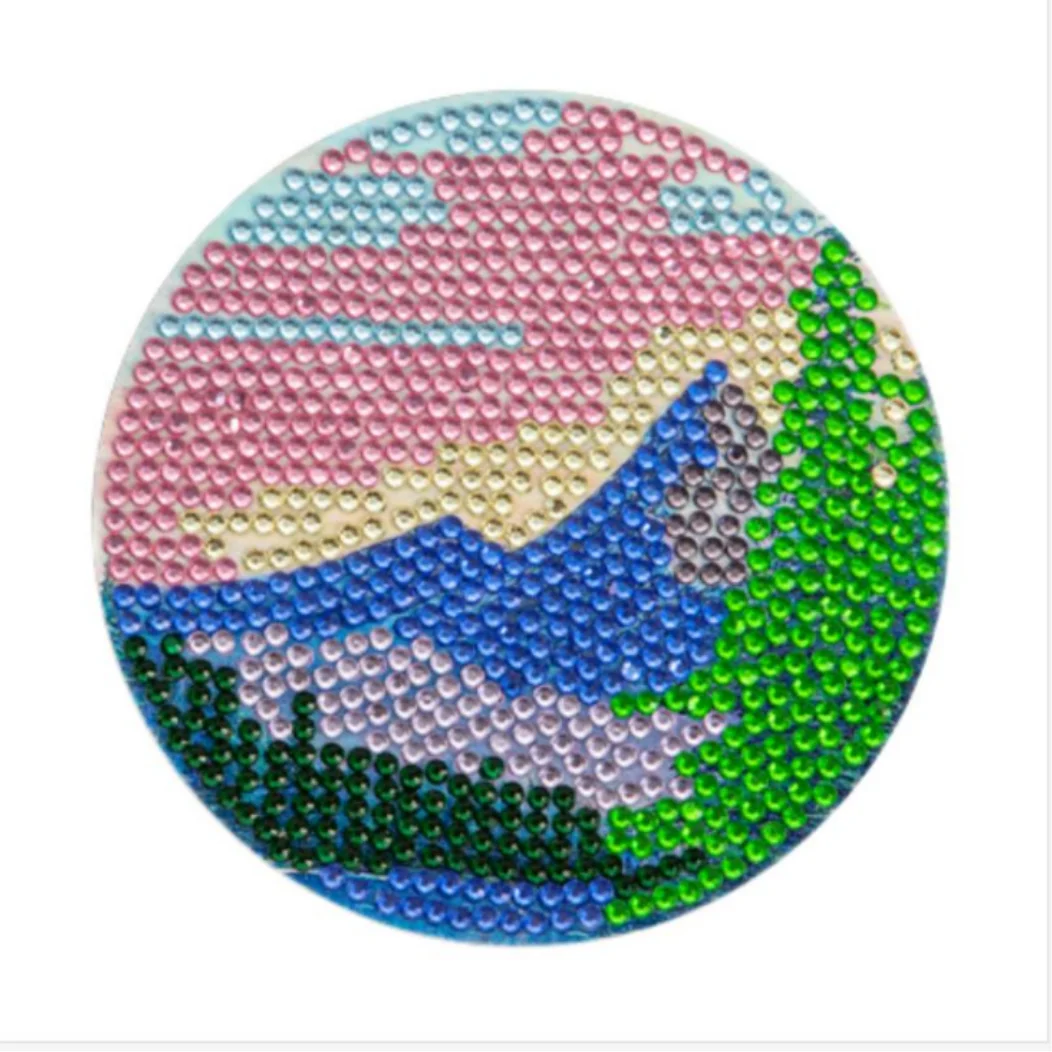 6pcs Round Nature Sunshine Pattern Artificial Diamond Painting Coaster DIY Super Flash Diamond Painting Coaster Kits Kitchen