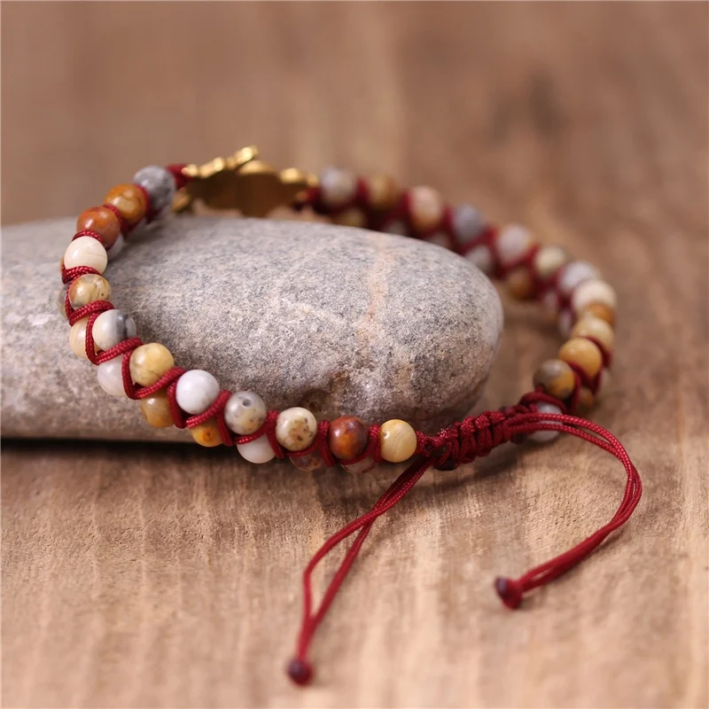 Stainless Steel Gold Owl Charm Crazy Agate beaded Braided Bracelet Yoga Natural Stone String Macrame Bracelet Wholesale Dropship