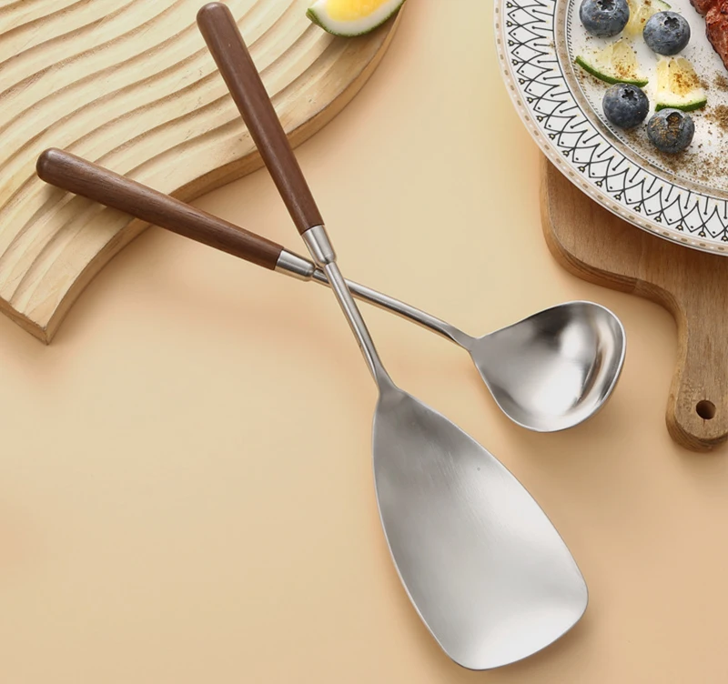 Popular Wood Handle Matt Cooking Gadgets Spatula Ladle Stainless Steel Kitchen Appliances And Utensils