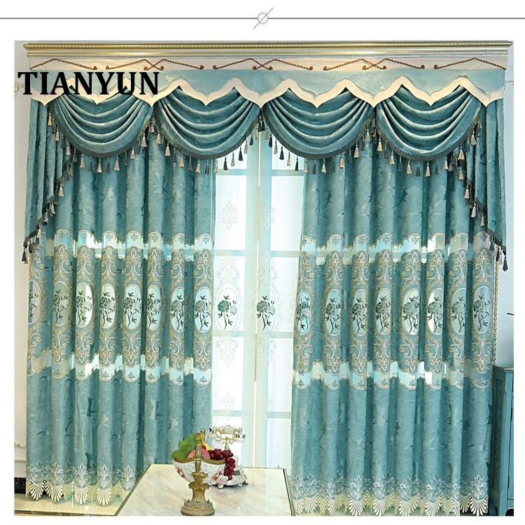 Living Room Curtain Embroidered Blue Luxury European Curtain With Valance Designs House Home Office Decoration