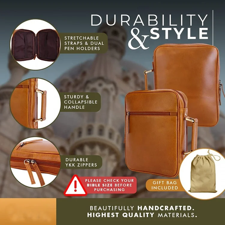 Custom Travel Book Cover Premium Design christian books cases sturdy durable handle leather bible cover with zipper for men