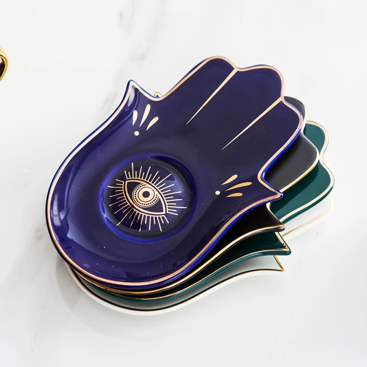 
Wedding Decorative Unique Style Trinket Tray Gold Rim Ceramic Jewelry Dish Black Color Jewelry Display Ceramic Trinket Tray 