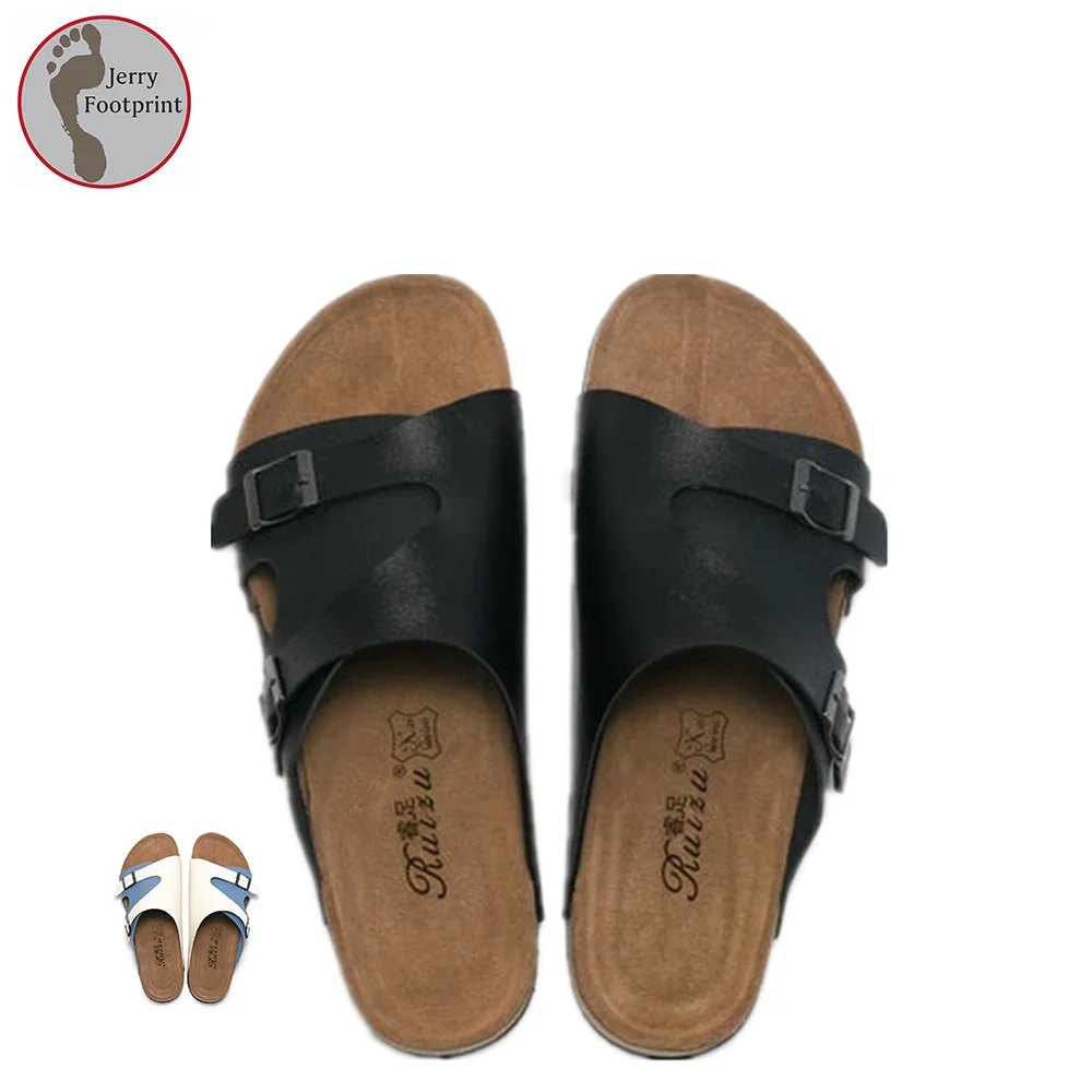Customized Footcare Men 38-46 Microfiber Upper Slippers Cow Leather Latex Pad Midsole Slip On Cork Slide Sandals