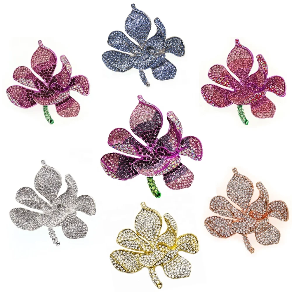 Women Fashion Jewelry Crystal Rhinestone Orchid Flower Brooch Pins
