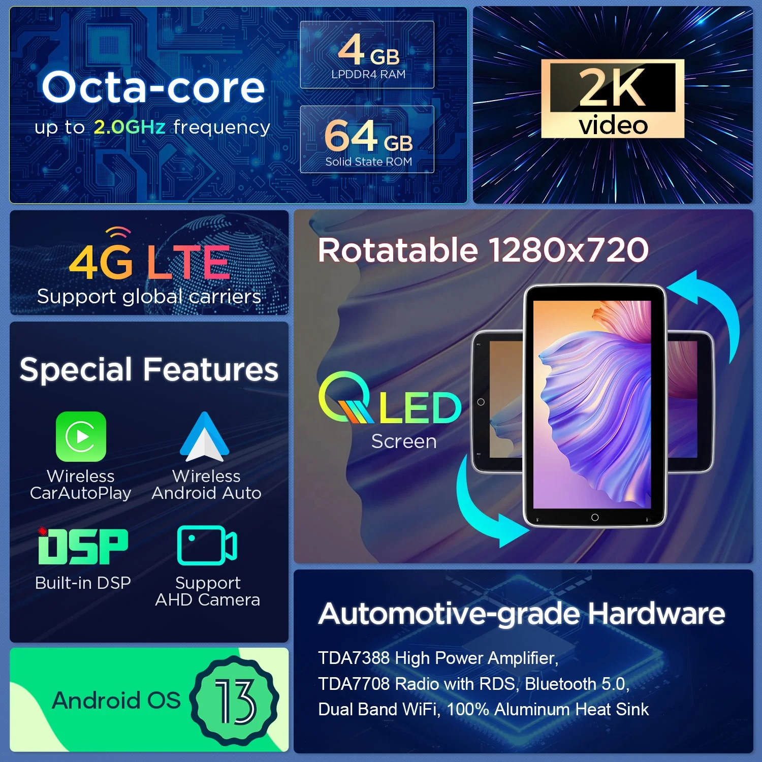 XTRONS 10.1 Inch Android 13 4+64GB Autoradio 1Din Rotatable Carplay Screen Android Auto 4G LTE 2K Video Car Multimedia Player