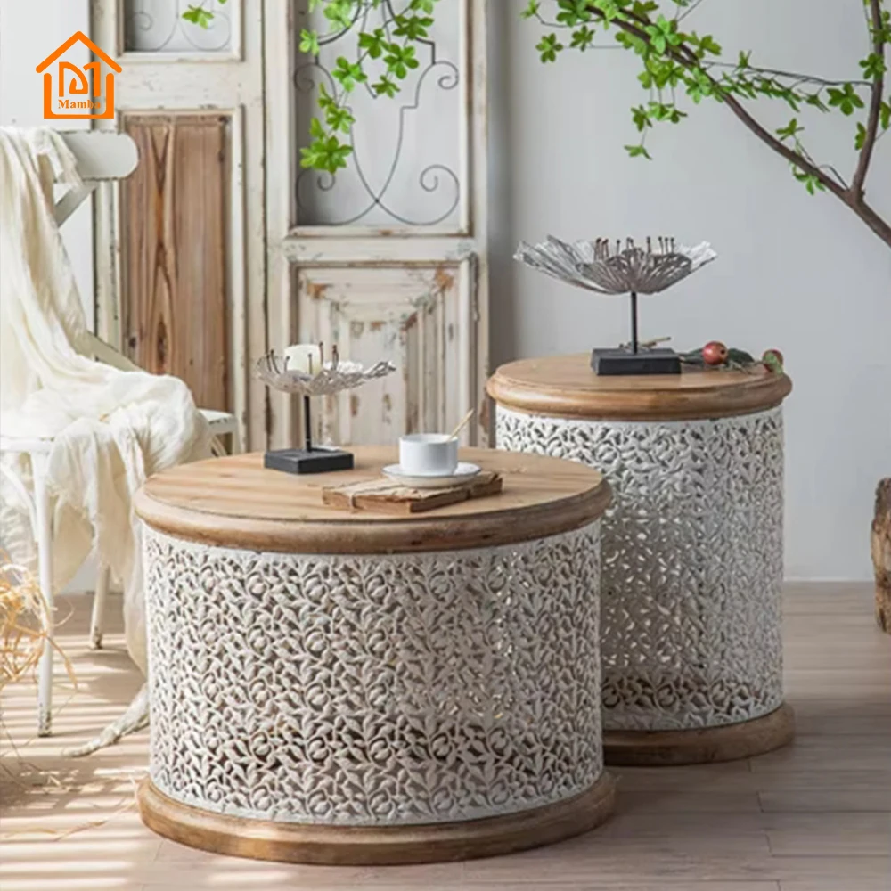 Multi-size White Design Wrought Iron Table Home Elegant Decor Small Furniture Antique Round Coffee