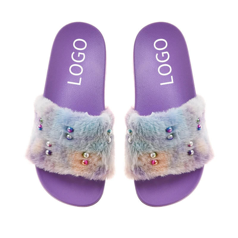 Custom logo Wholesale soft comfortable non-slip fur pcu slides girls winter purple slipper for women