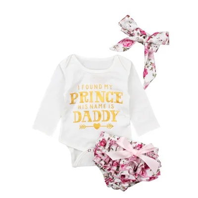 
Toddlers Girls Clothing Floral Baby Autumn Fashion Cotton Long Sleeve Prince Romper+Shorts+Headband Girls Daddy Clothes Suits 