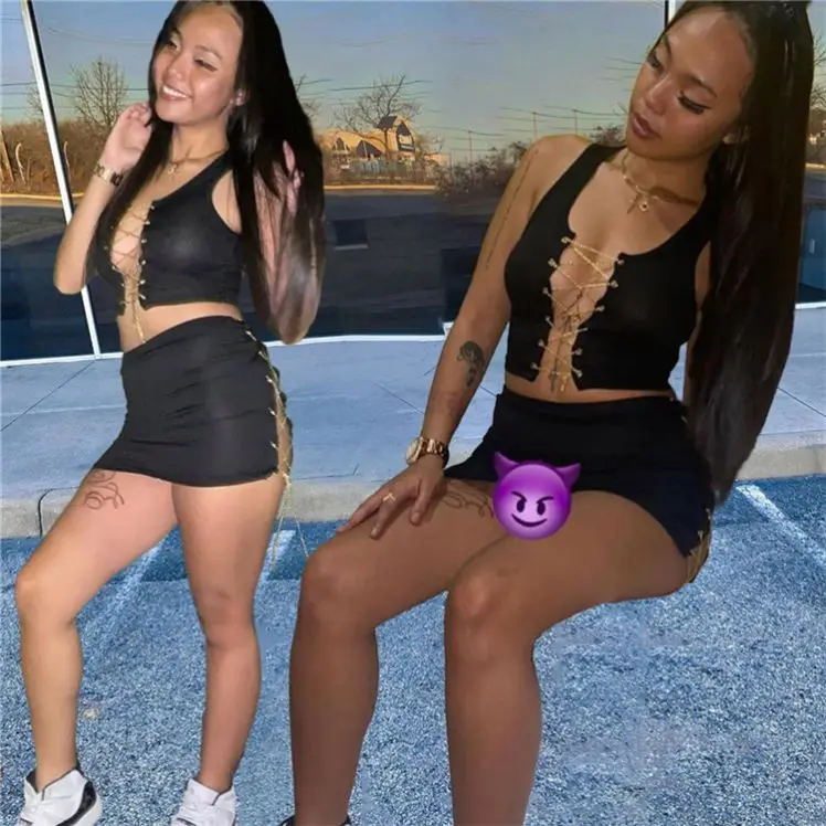
Summer 2021 New Women Fashion Sexy Bandage Chain Crop Top And Mini Skirts Two Piece Set Outfits 