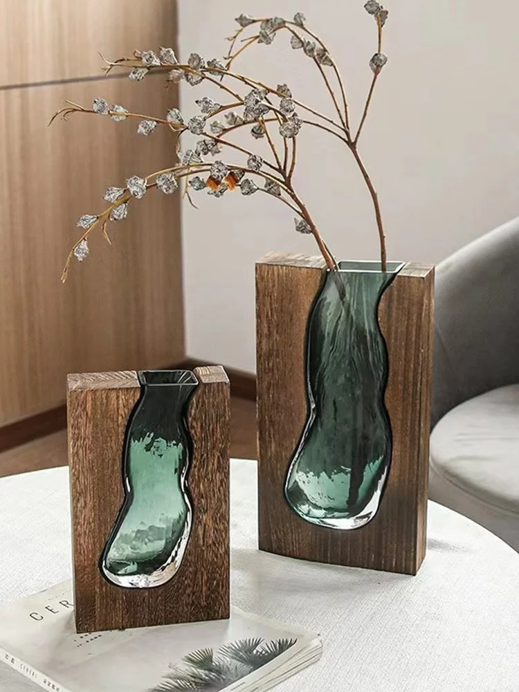 Unique Design Top Grade Square Wooden Frame Rectangle Double Bubble Vintage Florist Handmade Glass Rose Vase