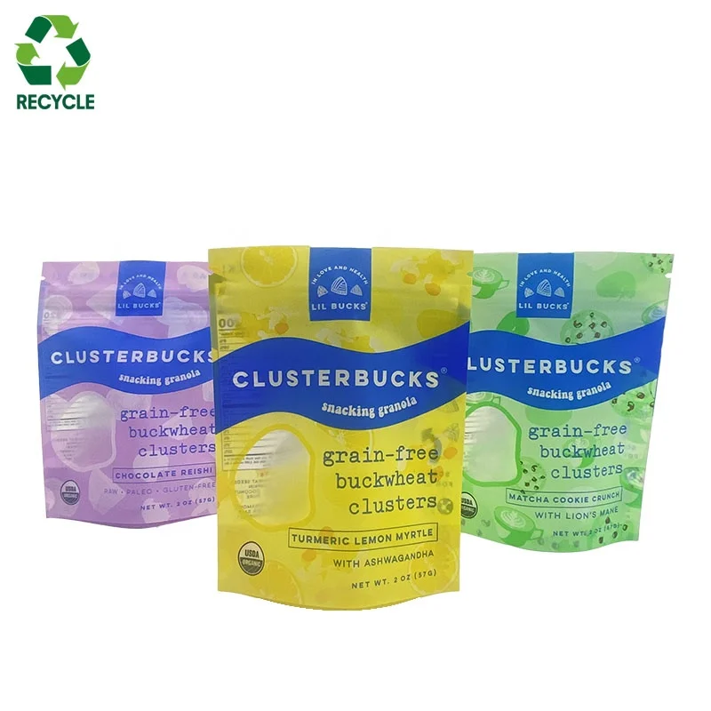 Wholesale 100% Recyclable Eco Friendly Stand Up Pouches With Zipper For Food Grade Nut Candy Chips Packaging Bag