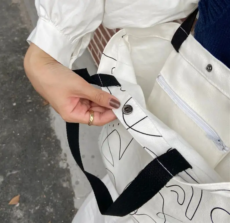 B057 recycle Pattern minimalist canvas Tote Woman bag handmade birthday gift for her reusable laptop modern printed bag supplier