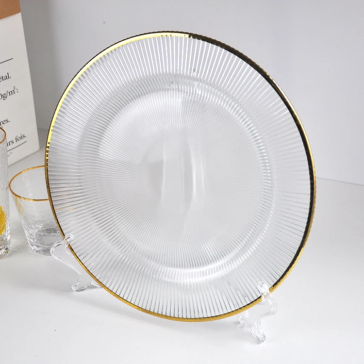 Wholesale Amazon hot sale elegant glass charger plate with gold rim wedding chargers