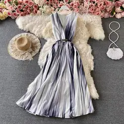 Trending Fashion Long Dress Sleeveless V Neck Tie Die Classy Dress 2021 Women Summer Elegant Formal Evening Dress