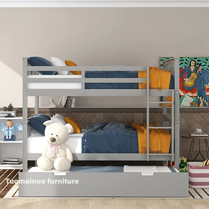 Bunk Bed with Trundle Solid Wood Bunk Bed with Ladder for Bedroom