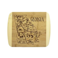 A bamboo cutting board with a laser pattern on a Georgia city