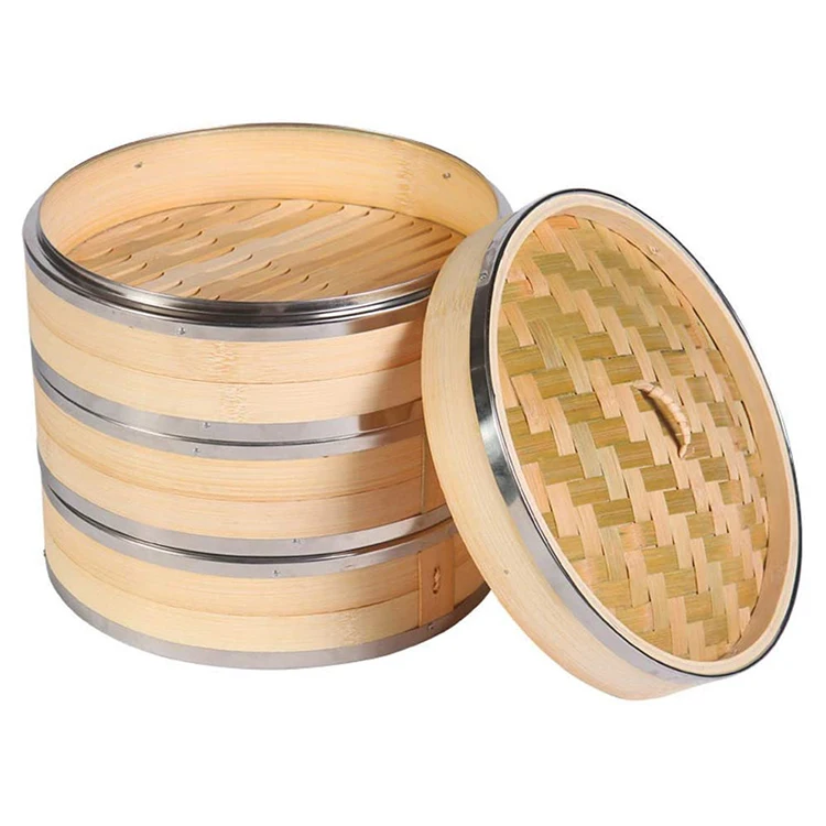Hot Selling Organic 2-tier Bamboo Steamer with Lid, Premium Steamer and Stainless Steel Ring