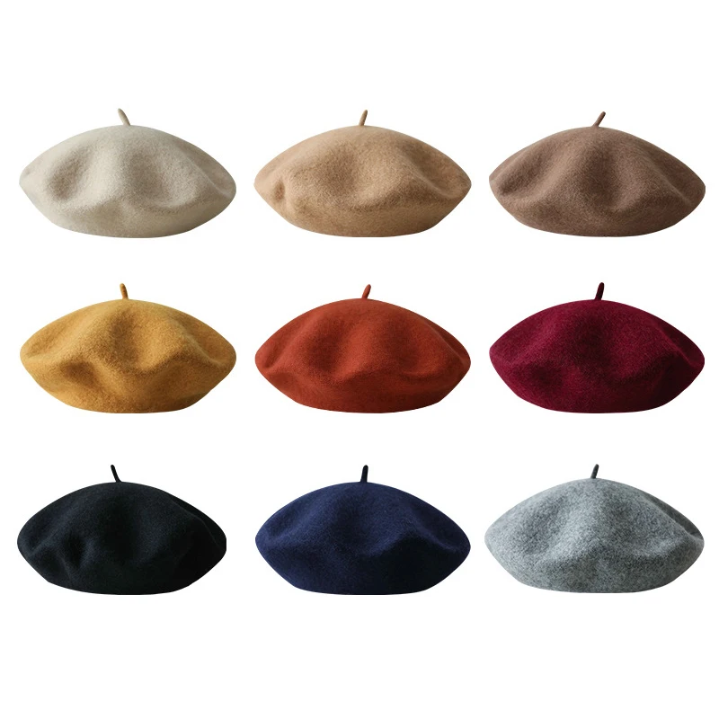 14 Color Stock OEM Service Custom Embroidery 100% Wool Beret Hat For Women French Beret