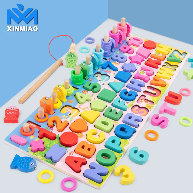 
Baby Montessori Math Toys Kids Educational 5 in 1 Fishing Count Numbers Matching Digital Shape Board Puzzle Toy toy for child 