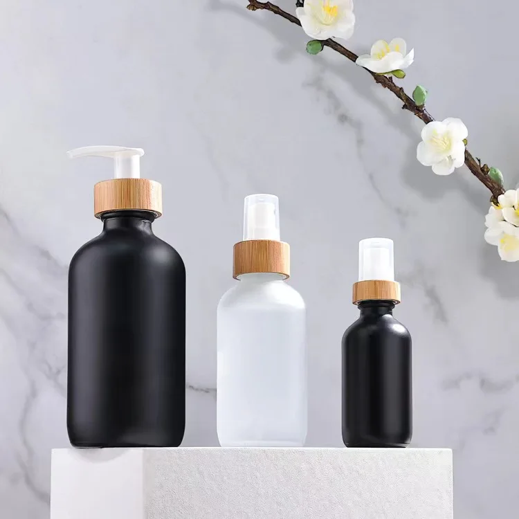 Shampoo bottle glass packaging bottle with wooden color pump cosmetic lotion serum container