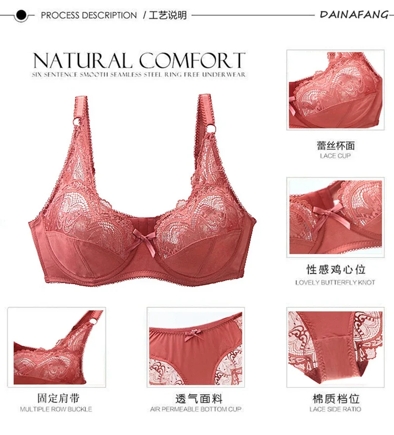 Women's transparent big size bra & brief sets plus size sexy sheer lace bra panty set BCDE cup underwear set