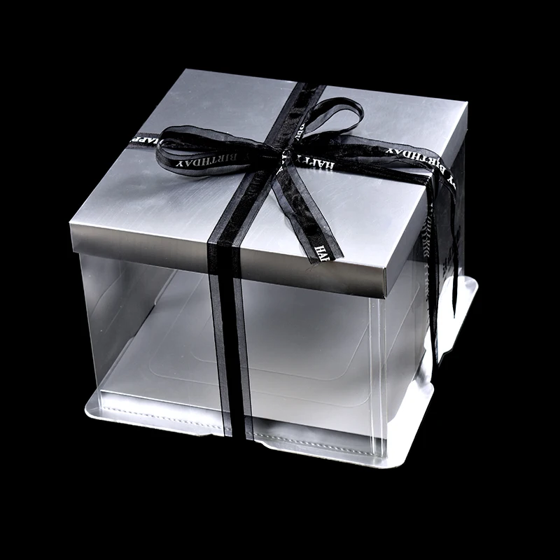 KCCB New Wedding Square Cake Box Silver Clear Decorative Cake Package Transparent PET Plastic Disposable Environmental Offset
