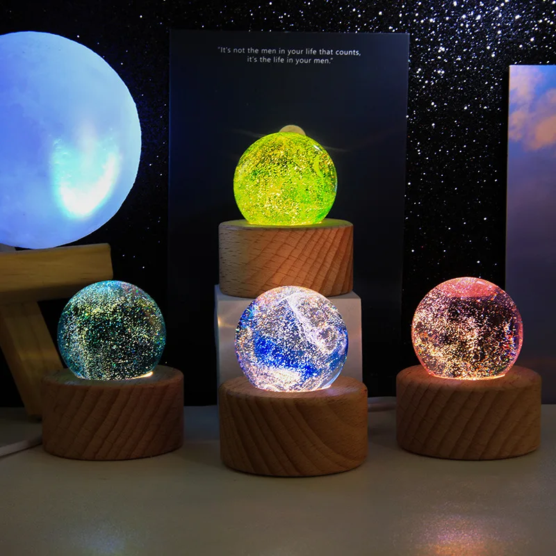 crystal ball solid wood bottoming piece colorful glass beads luminous starry night light holiday gift For Girls Women