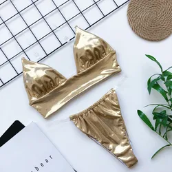 Custom Logo Shiny Patent Leather Clear Strap Bikini Thong Golden Swim Wear 2020