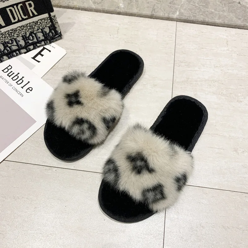 Hot Sale Slippers Winter Slide Slippers Fashion Warm Leopard Print Indoor Home Autumn/winter Fur Women Ladies Girl Female TPR