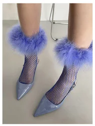 Women Furry Feather Crew Socks Hollow Out Colorful Fishnet Mesh Faux Fur Patchwork Trim Mid Tube Hosiery Cosplay Party Costume