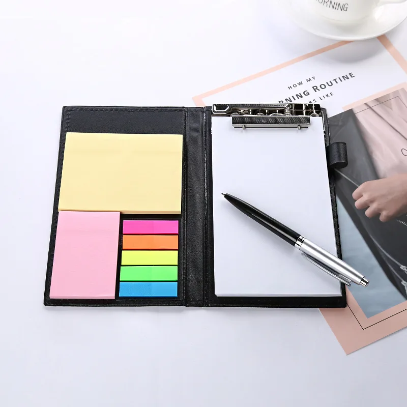 Office supply customized logo Sticky Note set with pen Pu note metal clip tear creative leather Notepad Business Notebook