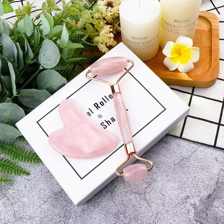 Pink Rose Quartz Stone Crystal Jade Facial Beauty Face Massage Roller Gua Sha Set Jade Roller For Face