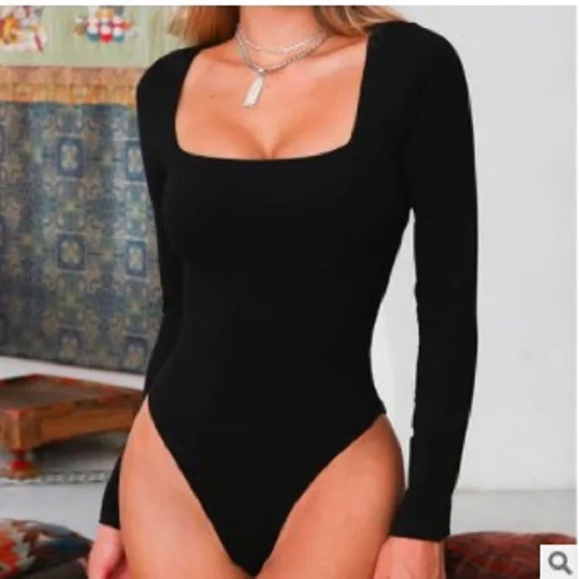 Bodysuit Long Sleeve Women Body streetwear dropshipping Forefair Sexy Bodycon Square Neck Sheath Crotch Basic Black Overalls Top