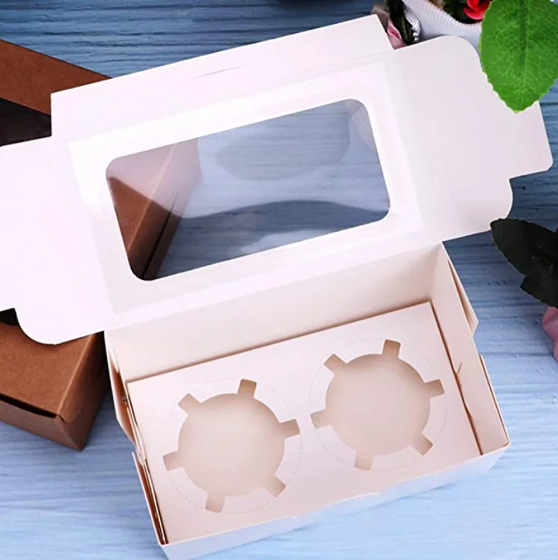 2 hole cupcake box kraft cardboard luxury bakery packaging with window gift boxes wholesales