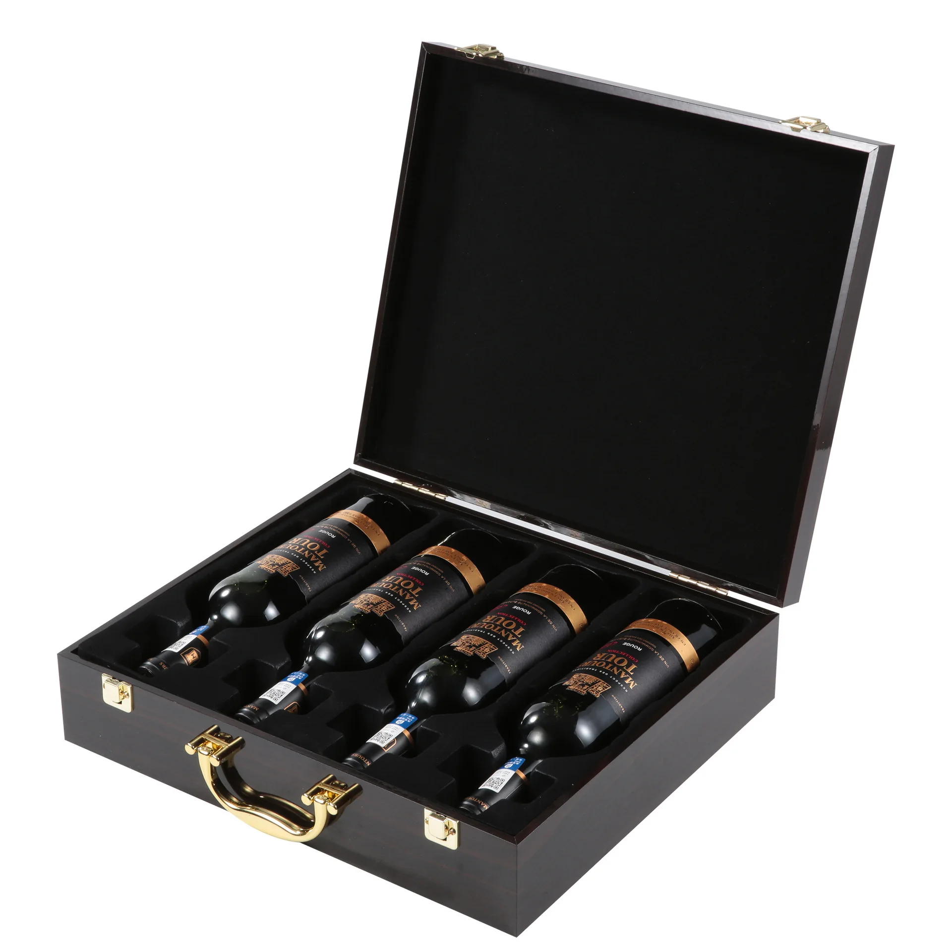 OEM Factory Bamboo Black Wine box 4 Bottle Bamboo Wooden Wine Box Gift Box With Logo