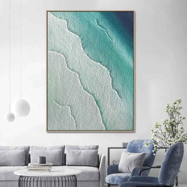 Modern Canvas Artwork Handmade Blue Seascape Painting Acrylic Wall Art Home Decoration