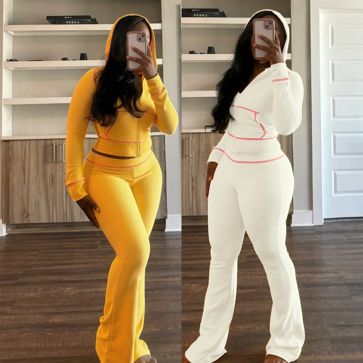 HR24058 Women Tracksuit 2 Piece Set Sweatshirt Outfit Waffle Crop Top Knit Sweater Hoodies And Flared Pants Waffle Set For Women