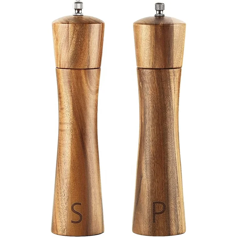 Natural hand made wooden spice salt shaker acacia wood salt mill pepper grinder