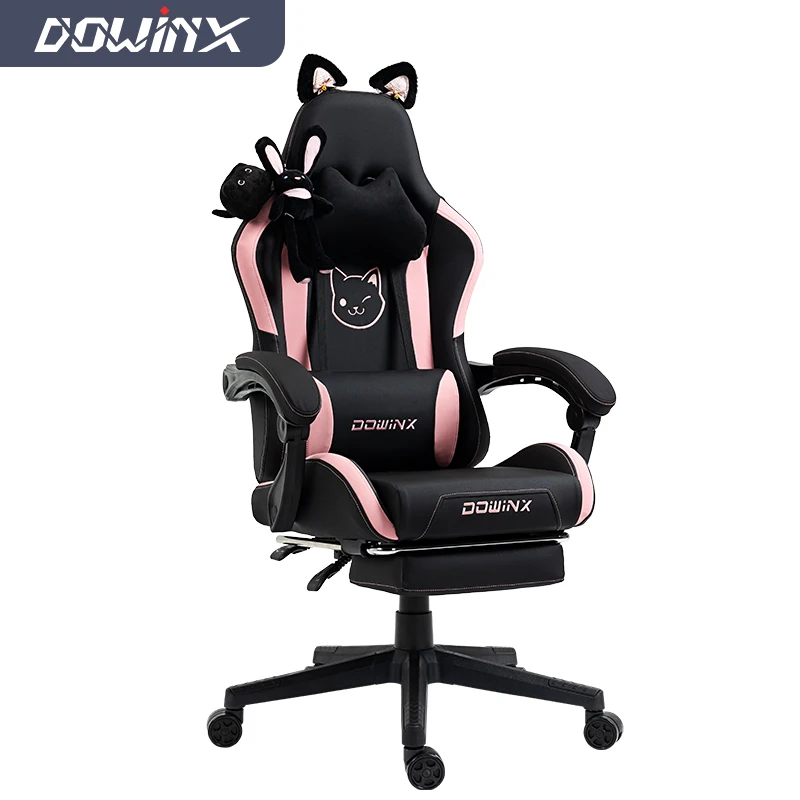 Black Pink Cute Gaming Chair with Cat Ears Ergonomic Computer Chair with Footrest Reclining PC Game Chair for Girl Teen Kids